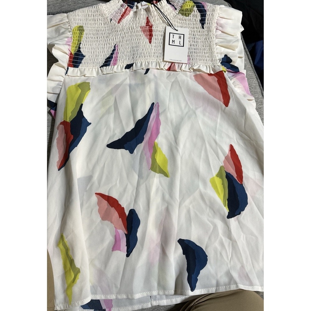 THML Women's Abstract Smocked Flutter Top Multicolor Size Small NWT